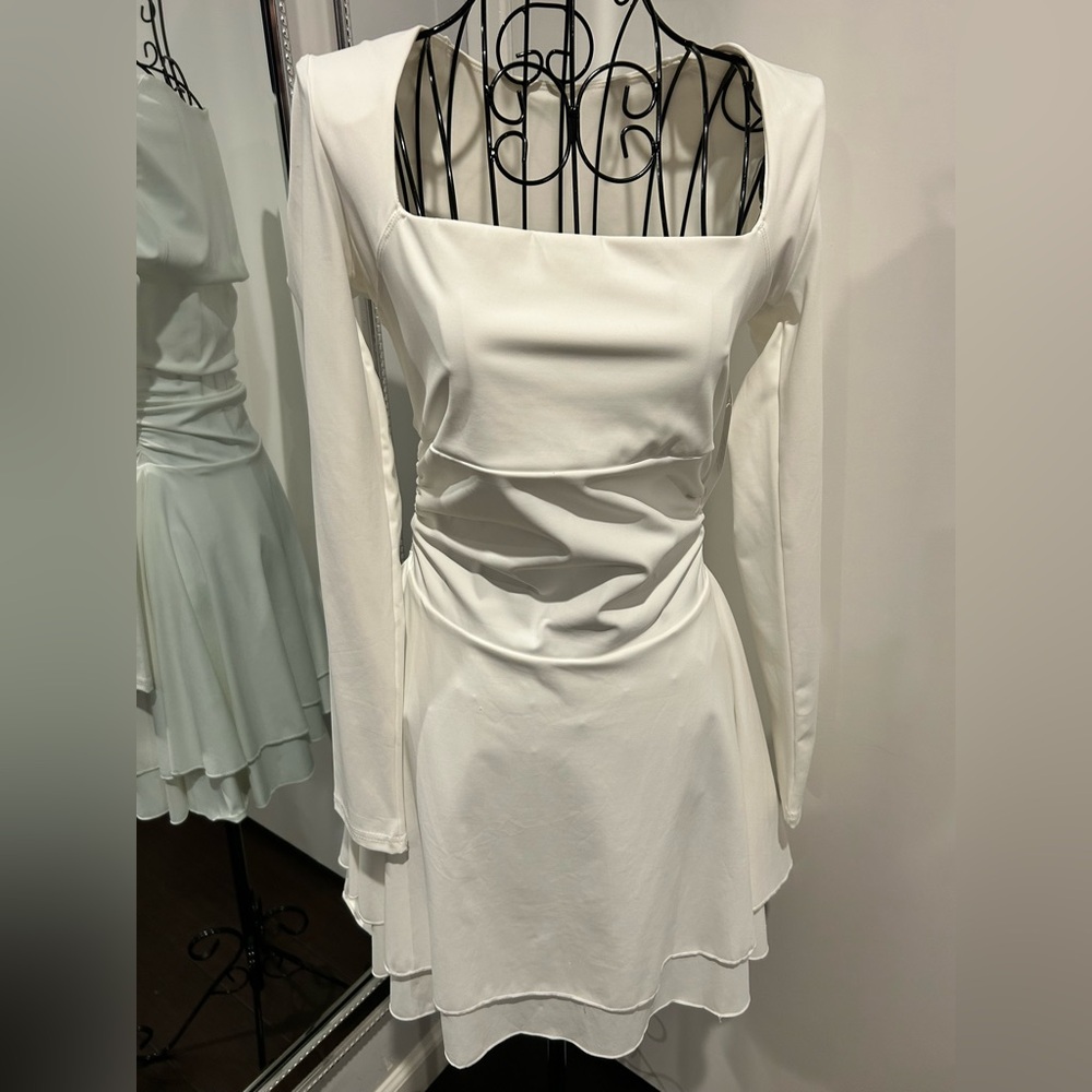 Square-Neck Long Sleeve White Mini Dress
